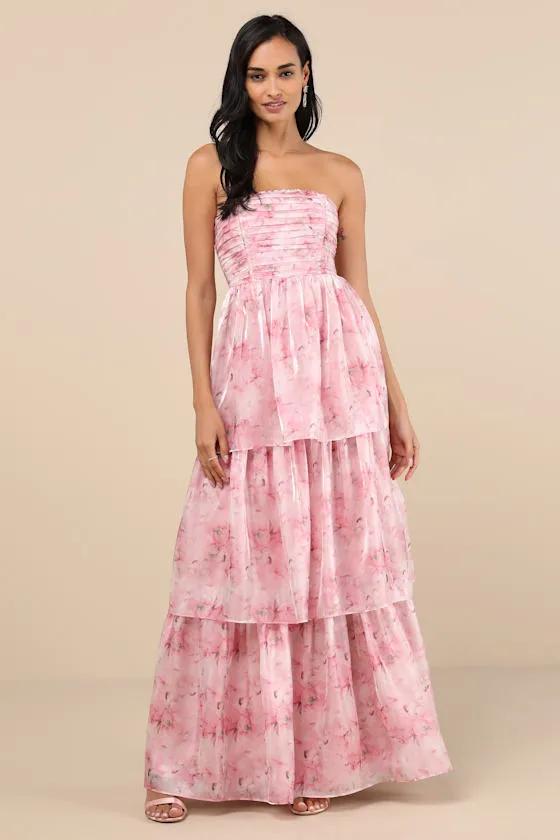 Kamella Light Pink Floral Pleated Strapless Tiered Maxi Dress sold by Lulus