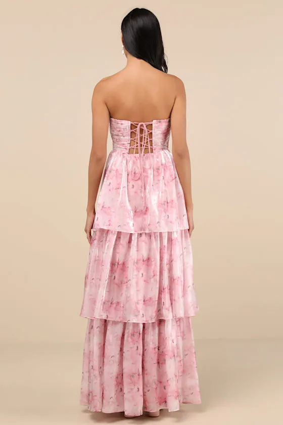 Kamella Light Pink Floral Pleated Strapless Tiered Maxi Dress sold by Lulus product image thumbnail 2