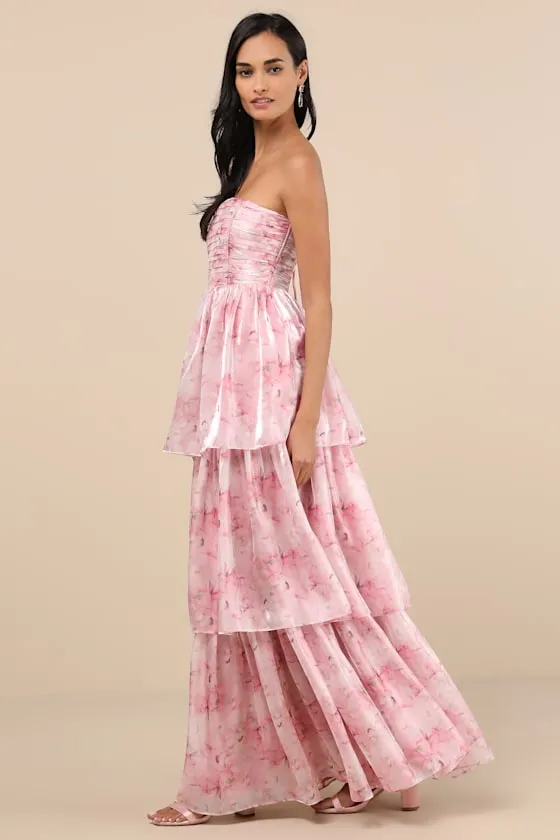 Kamella Light Pink Floral Pleated Strapless Tiered Maxi Dress sold by Lulus product image thumbnail 3