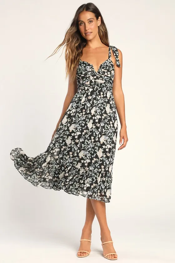 Lush Loveliness Black Floral Lurex Tie-Strap Midi Dress sold by Lulus product image thumbnail 2