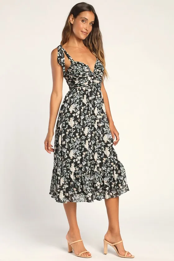 Lush Loveliness Black Floral Lurex Tie-Strap Midi Dress sold by Lulus product image thumbnail 3