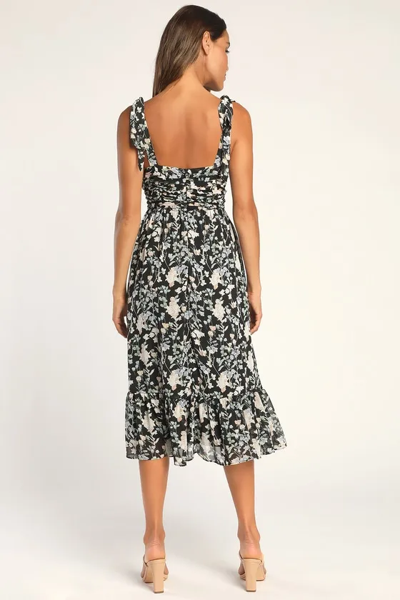 Lush Loveliness Black Floral Lurex Tie-Strap Midi Dress sold by Lulus product image thumbnail 4