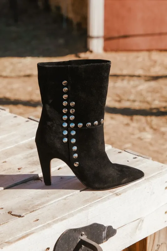 Konnie Black Suede Leather Studded Pointed-Toe Mid-Calf Boots sold by Lulus