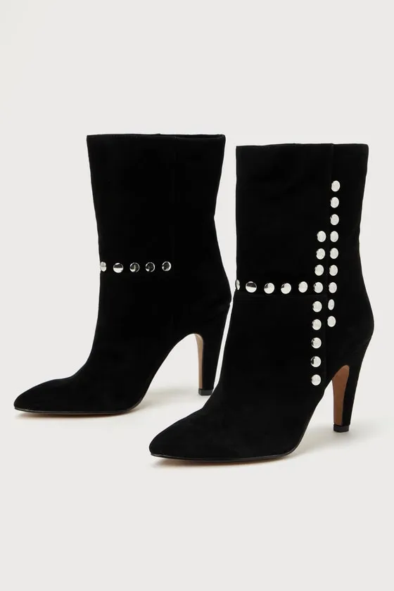 Konnie Black Suede Leather Studded Pointed-Toe Mid-Calf Boots sold by Lulus product image thumbnail 3
