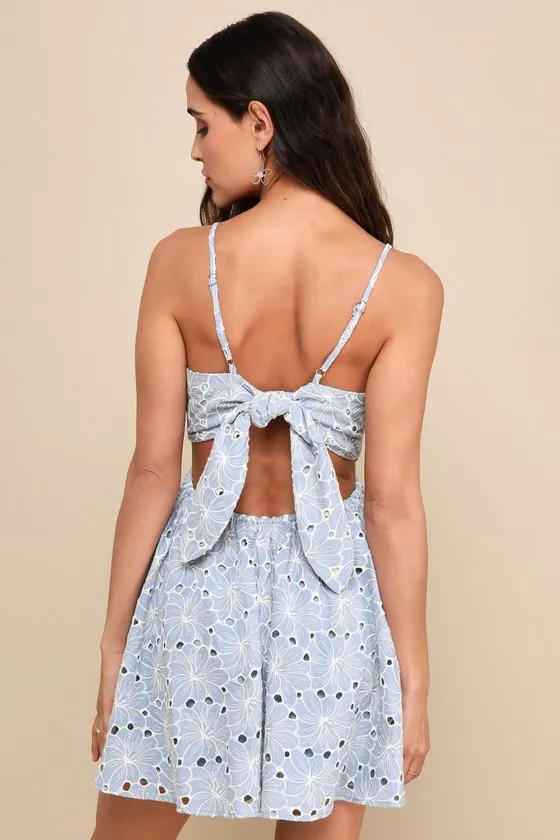 Charming Babe Blue Embroidered Floral Tie-Back Mini Dress sold by Lulus product image thumbnail 3
