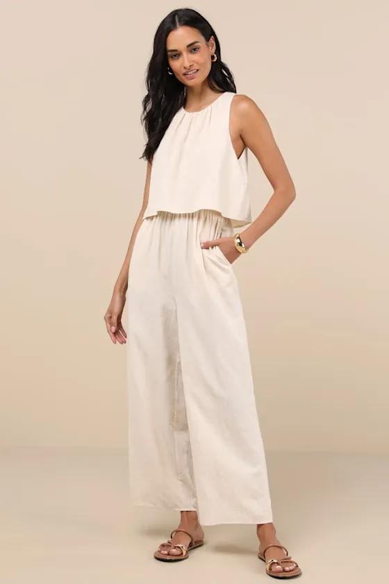 Breezy Sophistication Beige Textured Wide-Leg Jumpsuit sold by Lulus