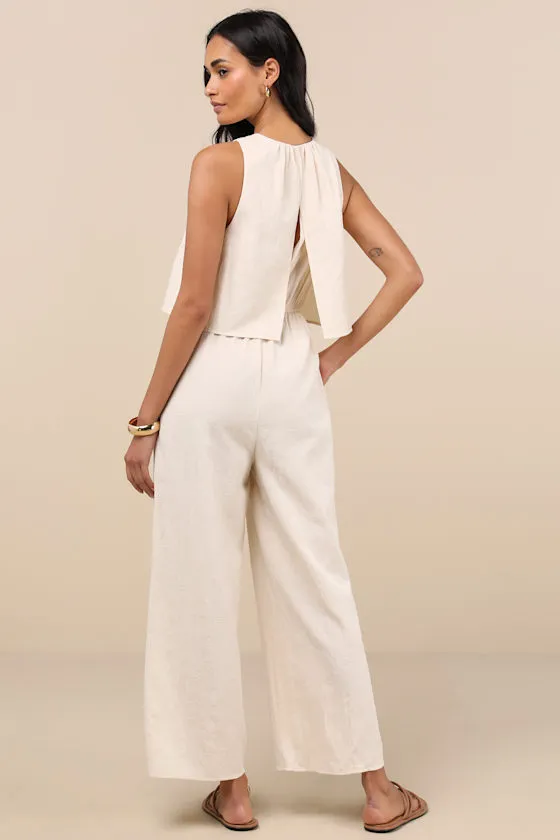 Breezy Sophistication Beige Textured Wide-Leg Jumpsuit sold by Lulus product image thumbnail 2