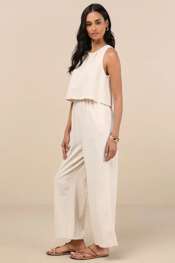 Breezy Sophistication Beige Textured Wide-Leg Jumpsuit sold by Lulus product image thumbnail 3