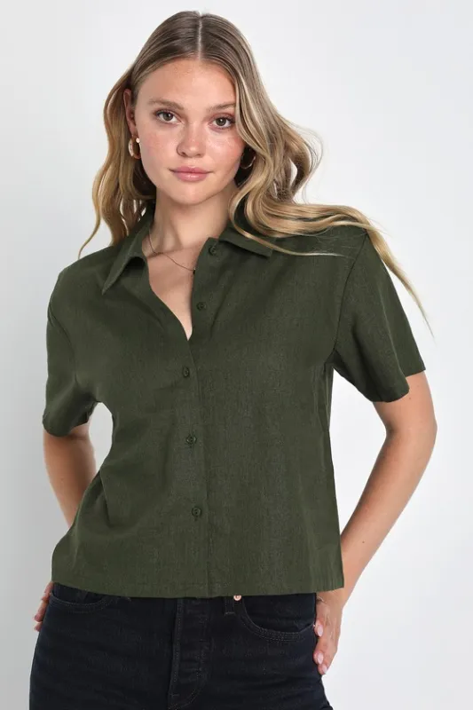 Easy Aesthetic Olive Green Linen Short Sleeve Button-Up Top sold by Lulus