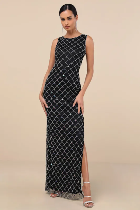 Gallio Black Beaded Sequin Sleeveless Column Maxi Dress sold by Lulus