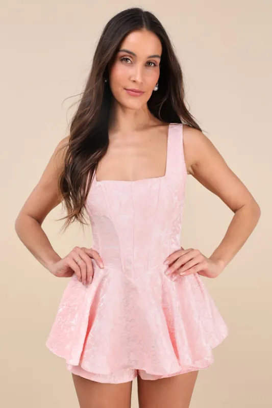 Radiant Flair Light Pink Floral Jacquard Bustier Skort Romper sold by Lulus