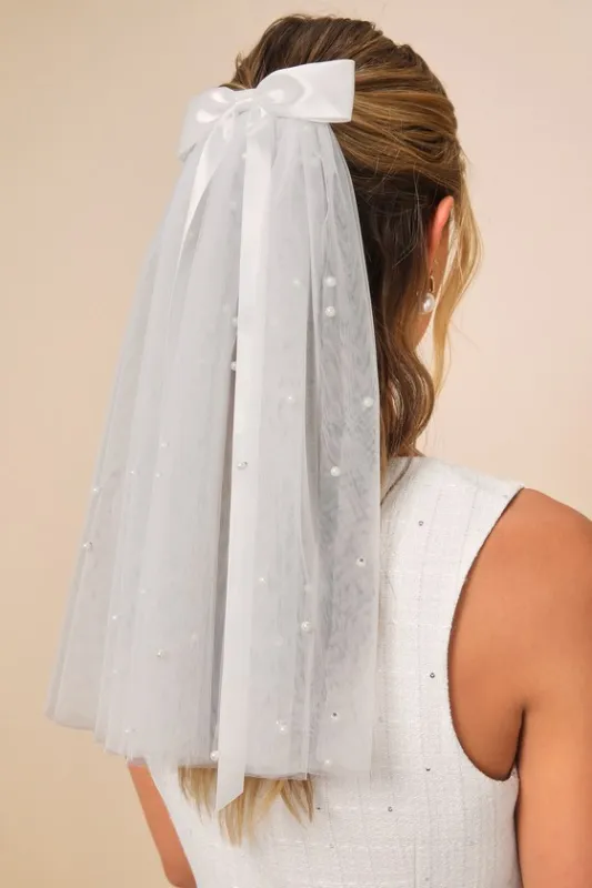 Beautiful Promise White Satin Bow Pearl Mesh Veil sold by Lulus