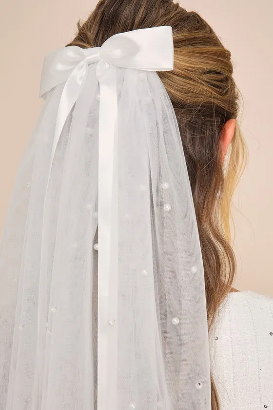 Beautiful Promise White Satin Bow Pearl Mesh Veil sold by Lulus product image thumbnail 2