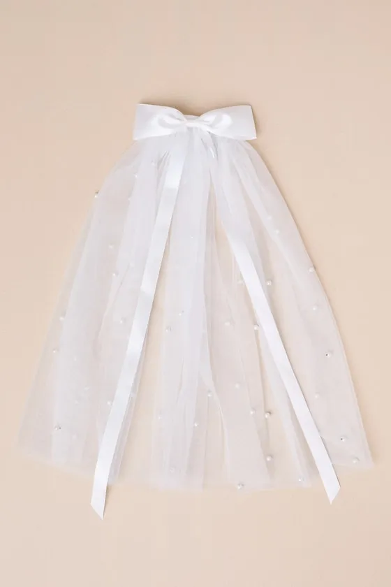 Beautiful Promise White Satin Bow Pearl Mesh Veil sold by Lulus product image thumbnail 3