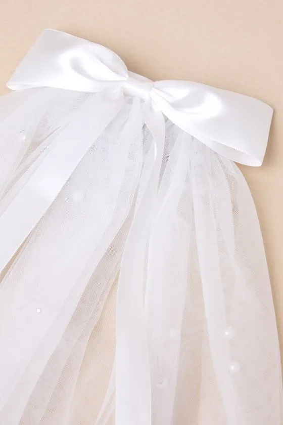 Beautiful Promise White Satin Bow Pearl Mesh Veil sold by Lulus product image thumbnail 4