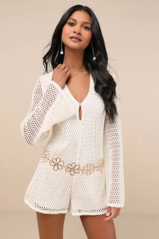 Halima Cream Crochet Floral Belted Bell Sleeve Romper sold by Lulus