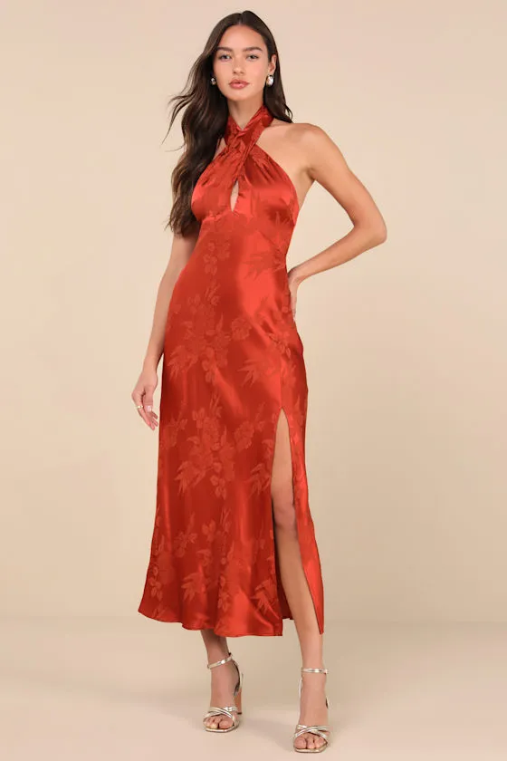 Marissa Rust Floral Jacquard Satin Halter Midi Dress sold by Lulus