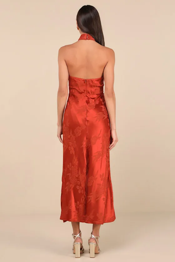 Marissa Rust Floral Jacquard Satin Halter Midi Dress sold by Lulus product image thumbnail 3