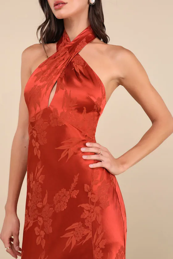Marissa Rust Floral Jacquard Satin Halter Midi Dress sold by Lulus product image thumbnail 4