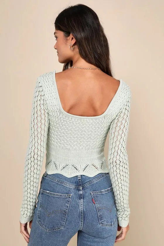 Lucky Cutie Sage Green Crochet Long Sleeve Sweater Top sold by Lulus product image thumbnail 3