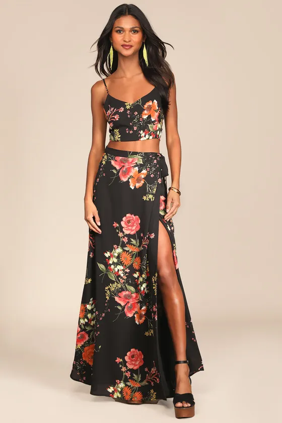 Bloom With a View Black Floral Print Two-Piece Maxi Dress sold by Lulus