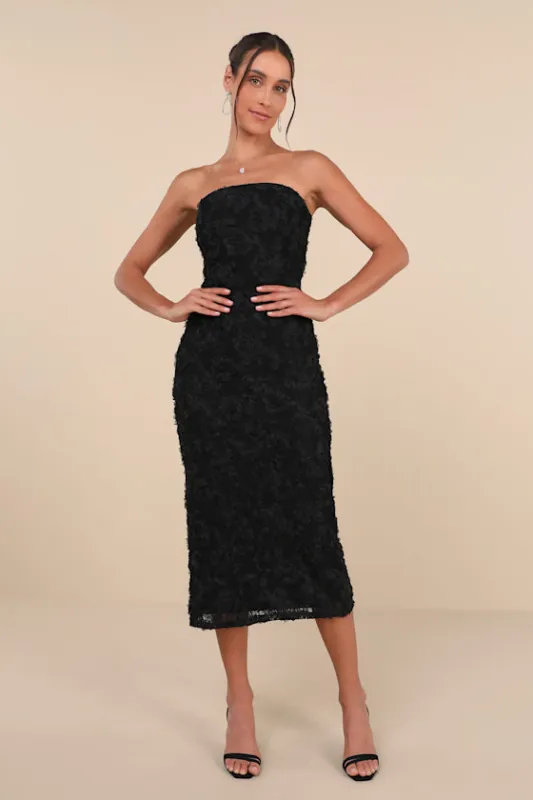 Flawless Perfection Black Floral Applique Strapless Midi Dress sold by Lulus