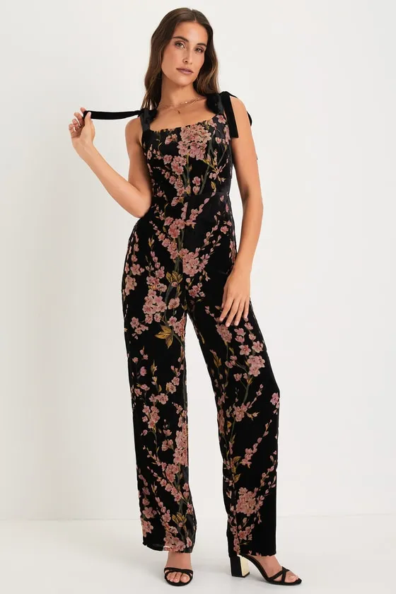 Lush Aesthetic Black Floral Burnout Tie-Strap Wide-Leg Jumpsuit sold by Lulus