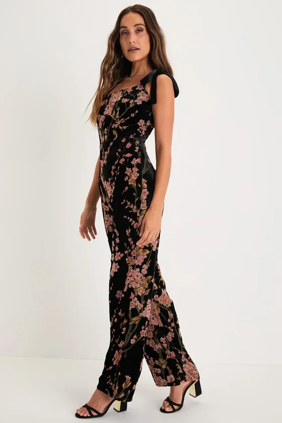 Lush Aesthetic Black Floral Burnout Tie-Strap Wide-Leg Jumpsuit sold by Lulus product image thumbnail 2