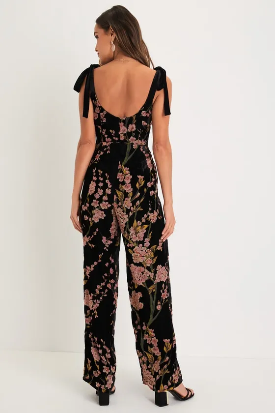 Lush Aesthetic Black Floral Burnout Tie-Strap Wide-Leg Jumpsuit sold by Lulus product image thumbnail 3