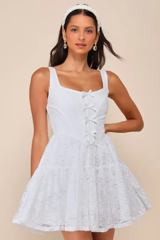 Truly Flawless White Lace Sleeveless Bow Bustier Mini Dress sold by Lulus