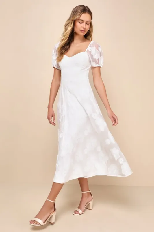 Sweetest Behavior White Embroidered Puff Sleeve Midi Dress sold by Lulus