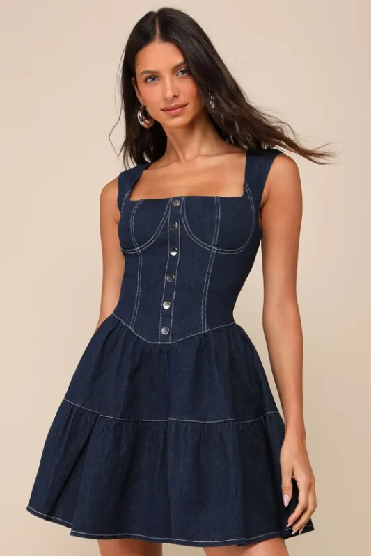 Trending Darling Dark Wash Denim Tiered Bustier Mini Dress sold by Lulus