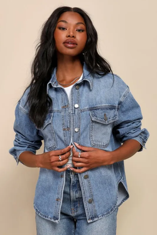 Chill Outing Medium Wash Denim Button-Up Shacket sold by Lulus