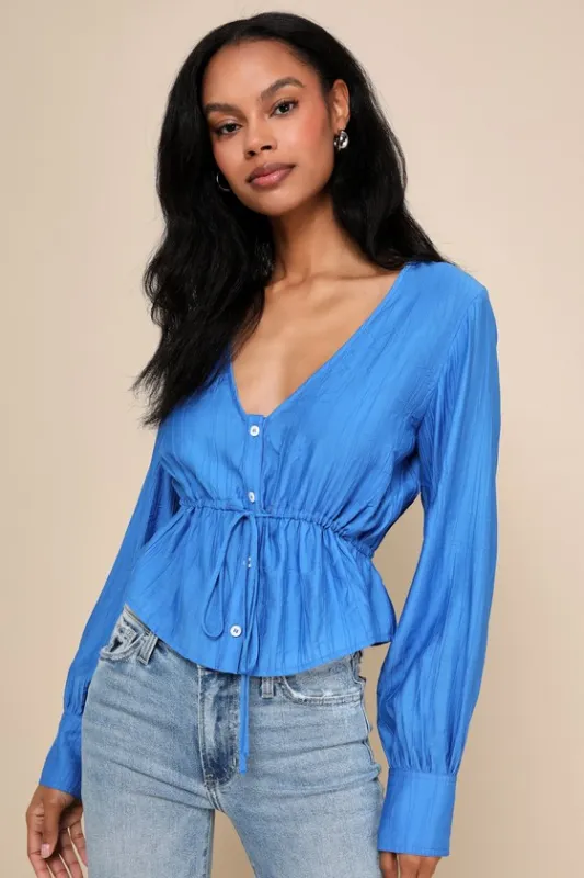 Cute Composure Cobalt Blue Textured Tie-Front Long Sleeve Top sold by Lulus