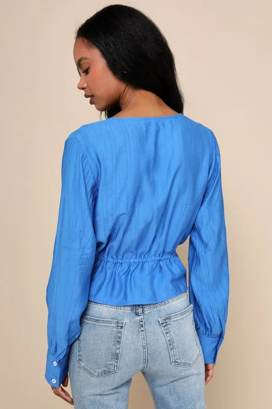 Cute Composure Cobalt Blue Textured Tie-Front Long Sleeve Top sold by Lulus product image thumbnail 3