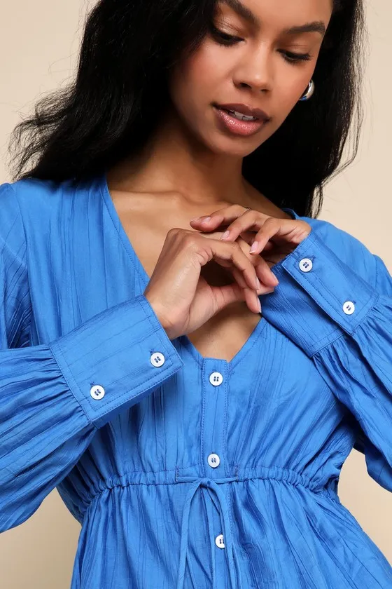 Cute Composure Cobalt Blue Textured Tie-Front Long Sleeve Top sold by Lulus product image thumbnail 4