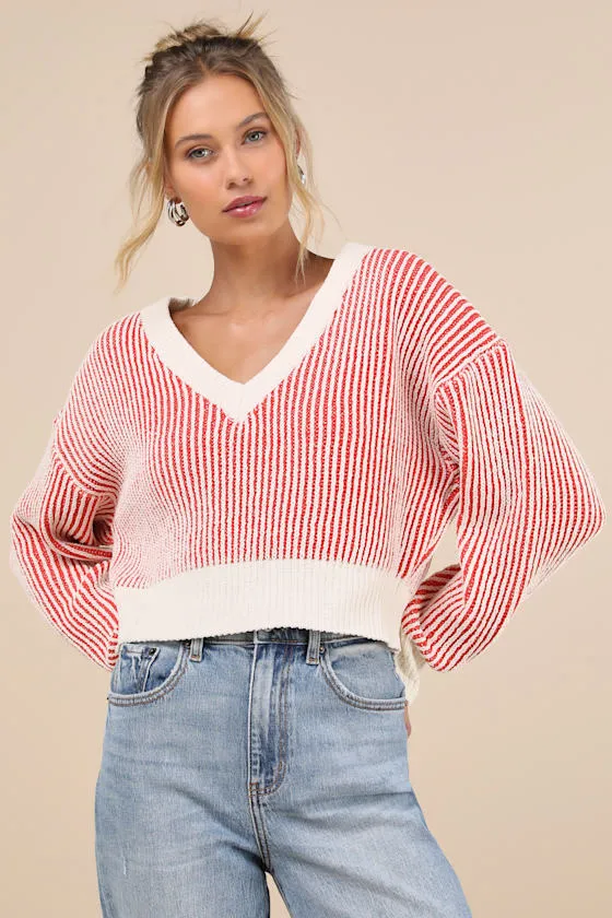 Attractively Cozy Red and White Striped V-Neck Pullover Sweater sold by Lulus