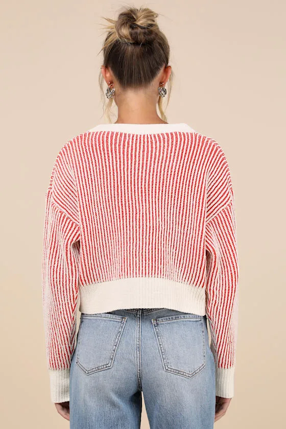 Attractively Cozy Red and White Striped V-Neck Pullover Sweater sold by Lulus product image thumbnail 2