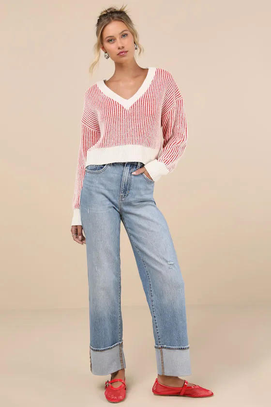 Attractively Cozy Red and White Striped V-Neck Pullover Sweater sold by Lulus product image thumbnail 3