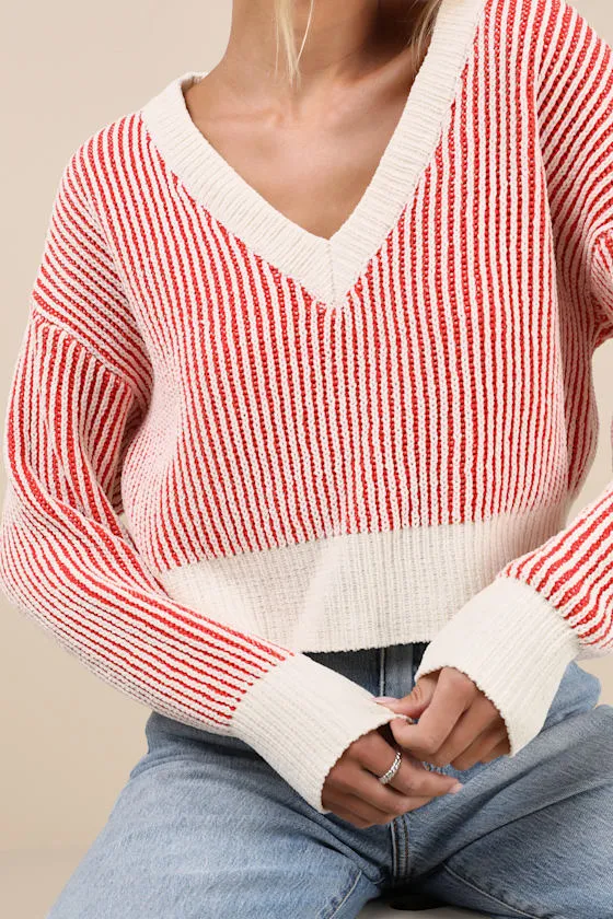 Attractively Cozy Red and White Striped V-Neck Pullover Sweater sold by Lulus product image thumbnail 4