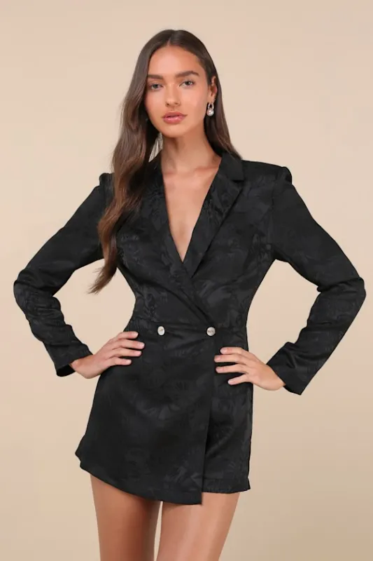 Confident Sophistication Black Jacquard Collared Blazer Romper sold by Lulus