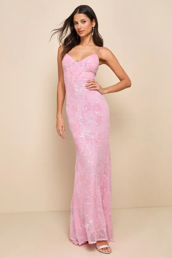 Glittering Excellence Light Pink Sequin Lace-Up Maxi Dress sold by Lulus