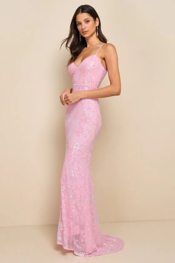 Glittering Excellence Light Pink Sequin Lace-Up Maxi Dress sold by Lulus product image thumbnail 3