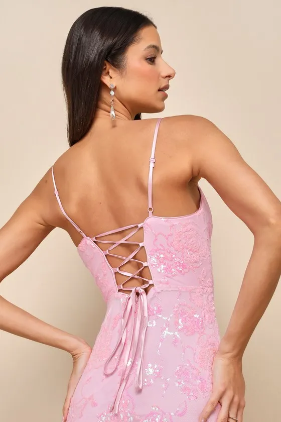 Glittering Excellence Light Pink Sequin Lace-Up Maxi Dress sold by Lulus product image thumbnail 4