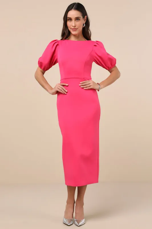 Simply Beloved Fuchsia Puff Sleeve Bodycon Midi Dress sold by Lulus