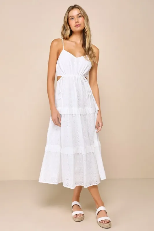Summertime Babe White Eyelet Embroidered Cutout Midi Dress sold by Lulus