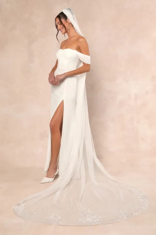 Cennon White Mesh Embroidered Cathedral Veil sold by Lulus