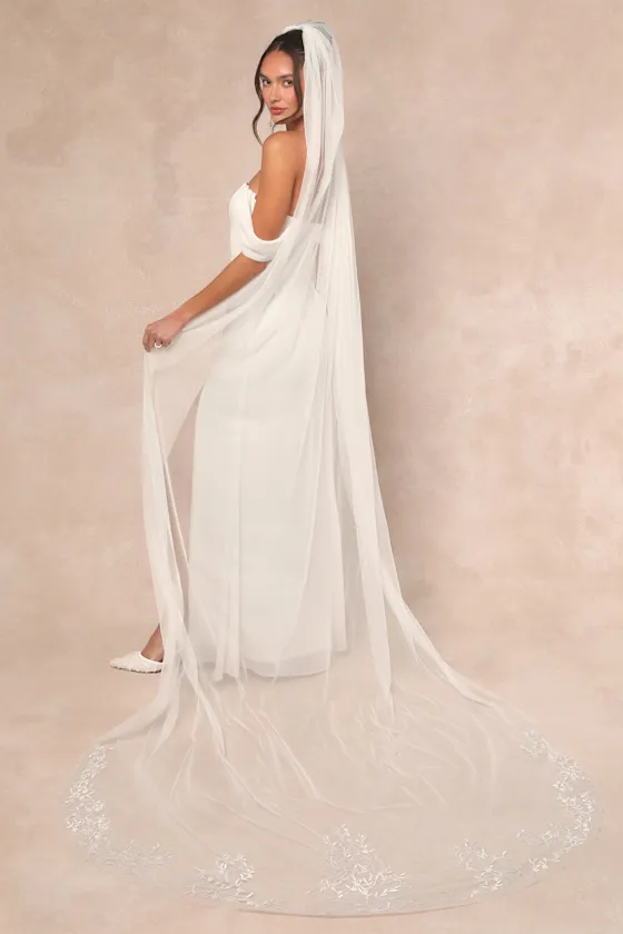 Cennon White Mesh Embroidered Cathedral Veil sold by Lulus product image thumbnail 2