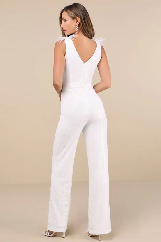 Shiny Perfection White Sequin Feather Rhinestone Jumpsuit sold by Lulus product image thumbnail 3