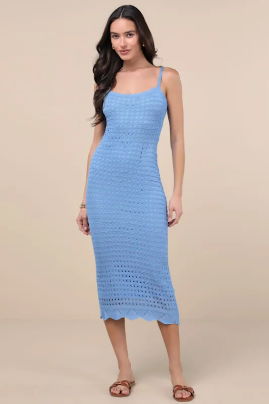 Ventura Vision Blue Crochet Lace-Up Midi Dress sold by Lulus